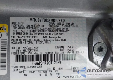 2016 Ford Fusion Se from USA, damaged, VIN 3FA6P0H72GR120891